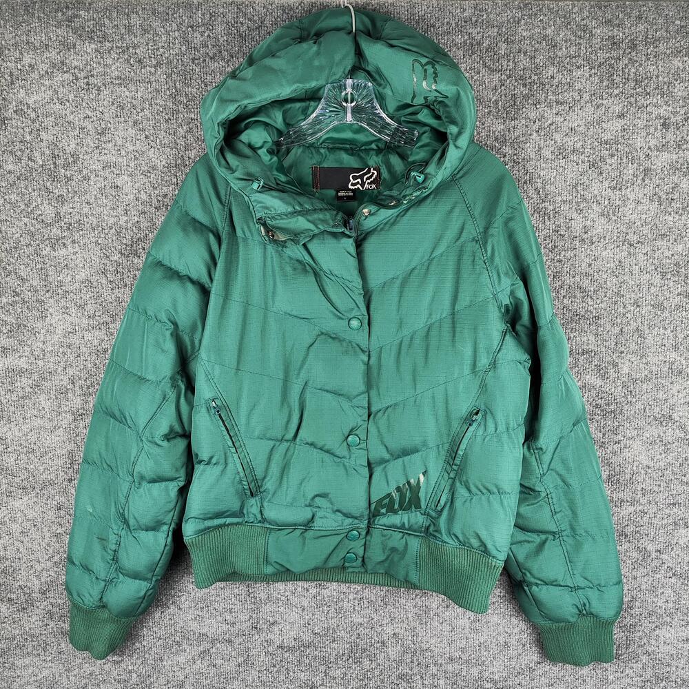 Fox Racing Jacket Mens Large Green Hooded Insulated Puffer Bomber Full Zip Logo